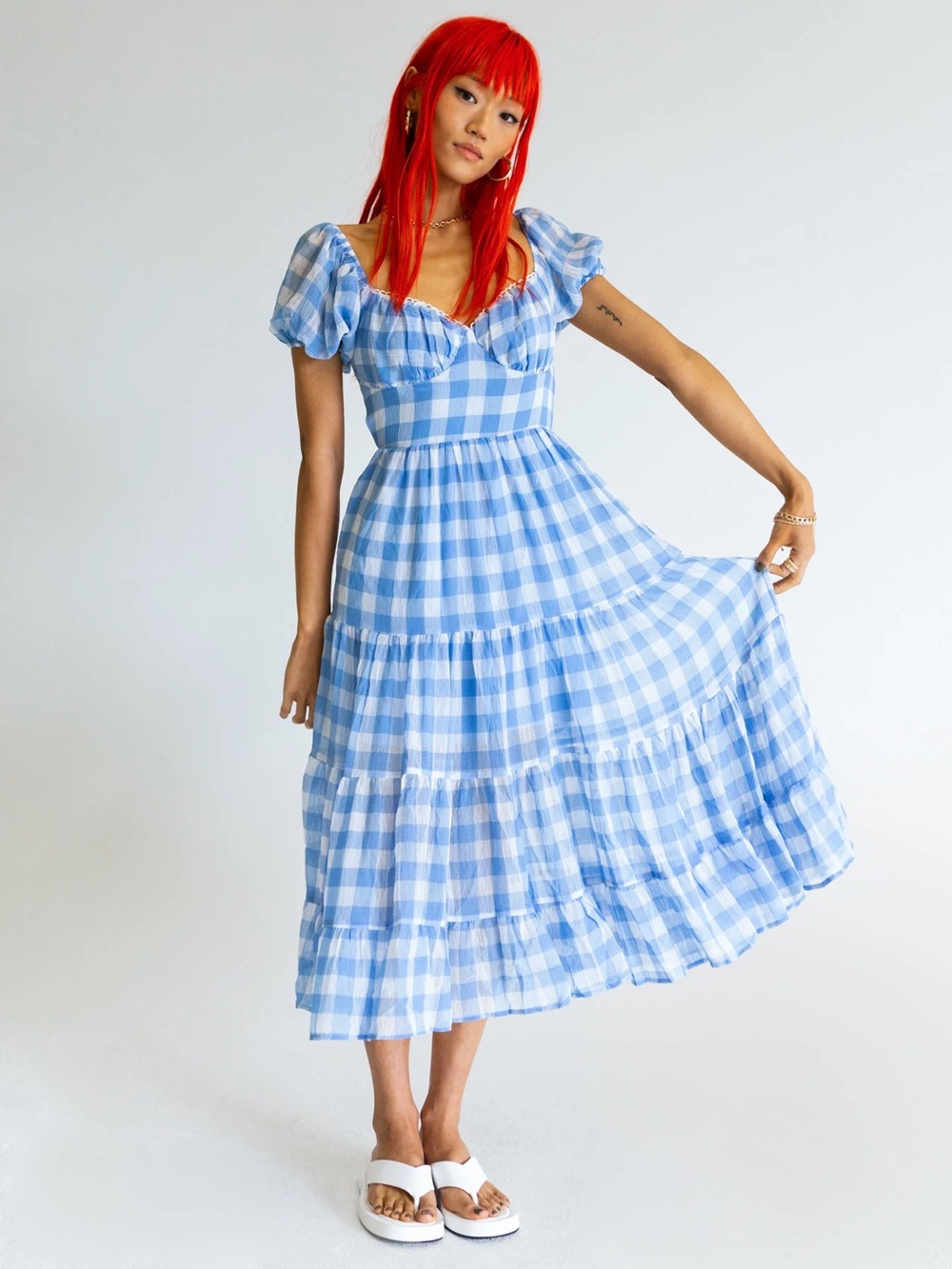 Princess Polly Danny Midi Dress Blue Gingham Puff-Sleeve Dress